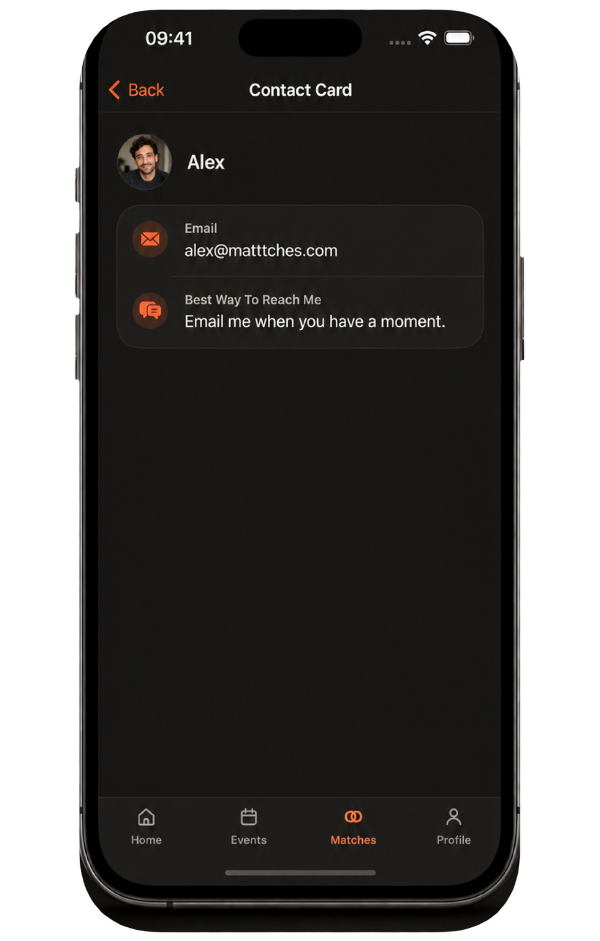 MATTTCHES contact card with chosen contact details shared through Courage Tap