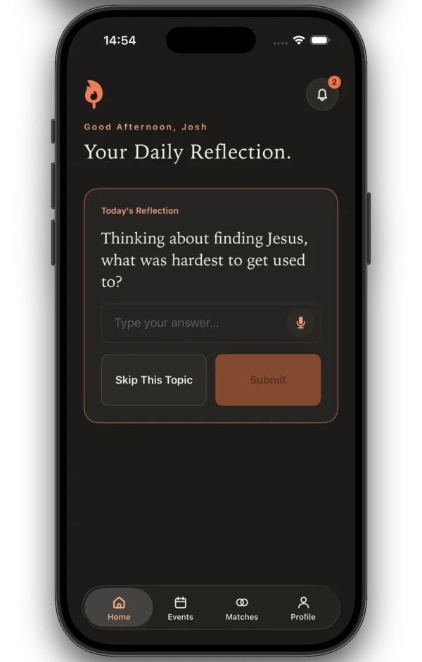 MATTTCHES daily reflection screen shown on an iPhone