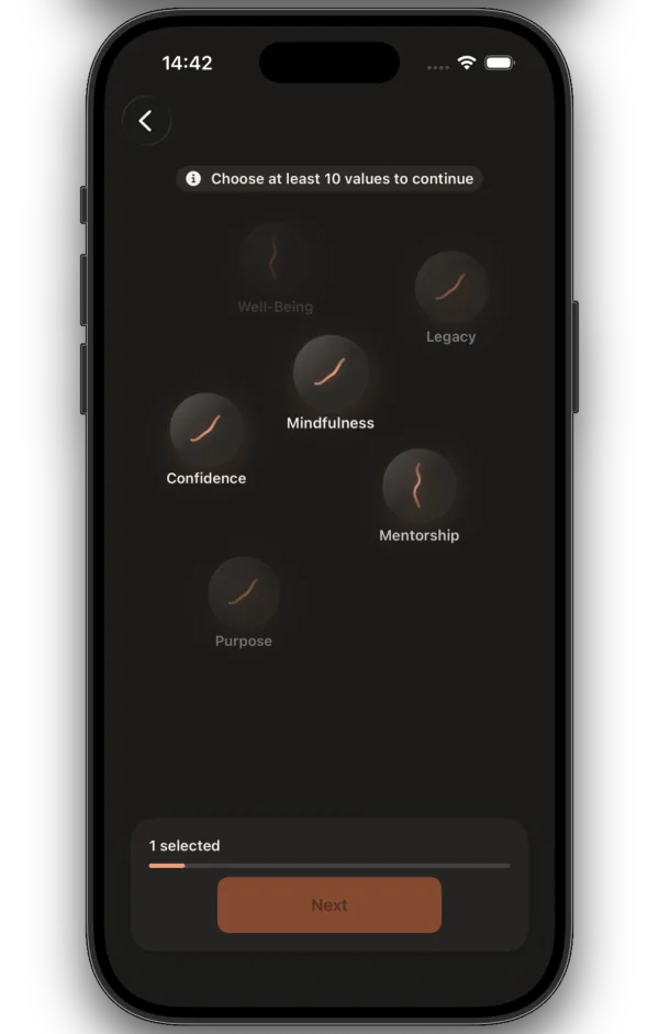 MATTTCHES values selection screen shown on an iPhone
